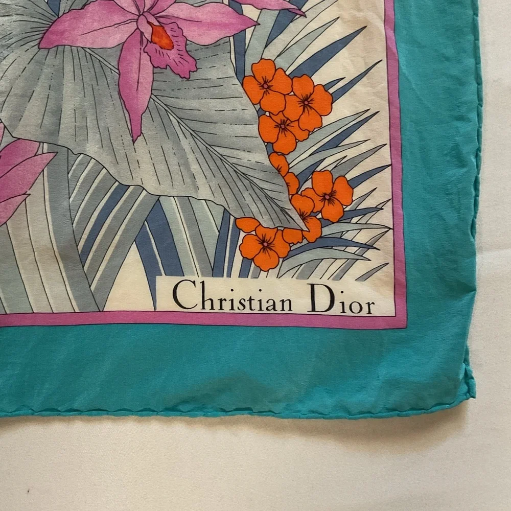 Christian Dior Vintage Silk Turquoise Floral Scarf